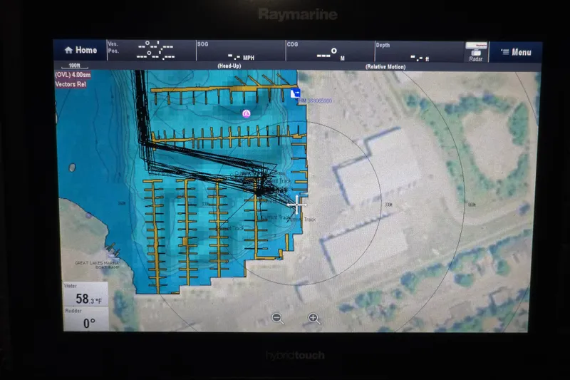 Slide: The Image of Raymarine navigation display showing marina map on a 2008 Cruisers Yachts 390 Sports Coupe. - 53