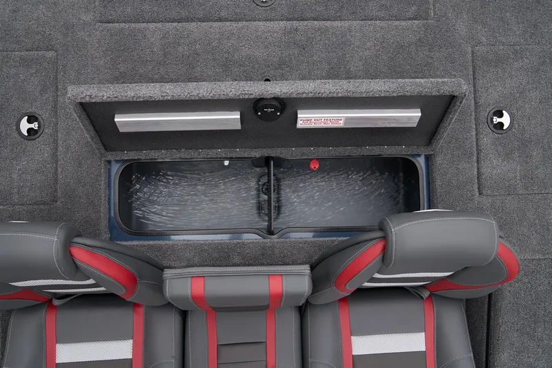 Slide: The Image of 2025 Ranger RT178C boat interior with dual seats and motor, featuring gray and red accents. - 32