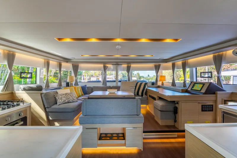 Slide: The Image of Luxurious interior of 2024 Lagoon 51 yacht with modern furnishings and ambient lighting. - 33