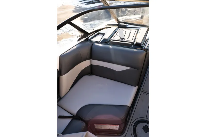 Slide: The Image of 2021 Moomba Mondo boat interior with sleek, modern seating design. - 12