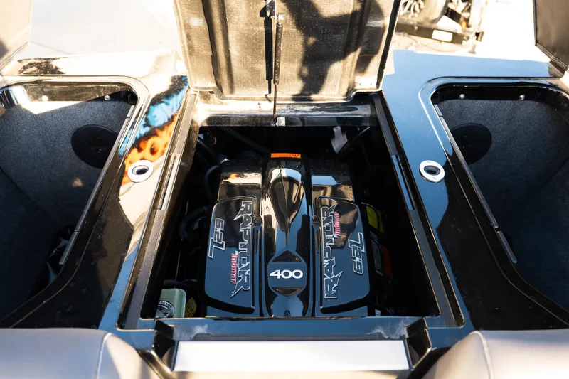 Slide: The Image of 2021 Moomba Mondo boat engine compartment with Raptor 6.2L motor. - 23