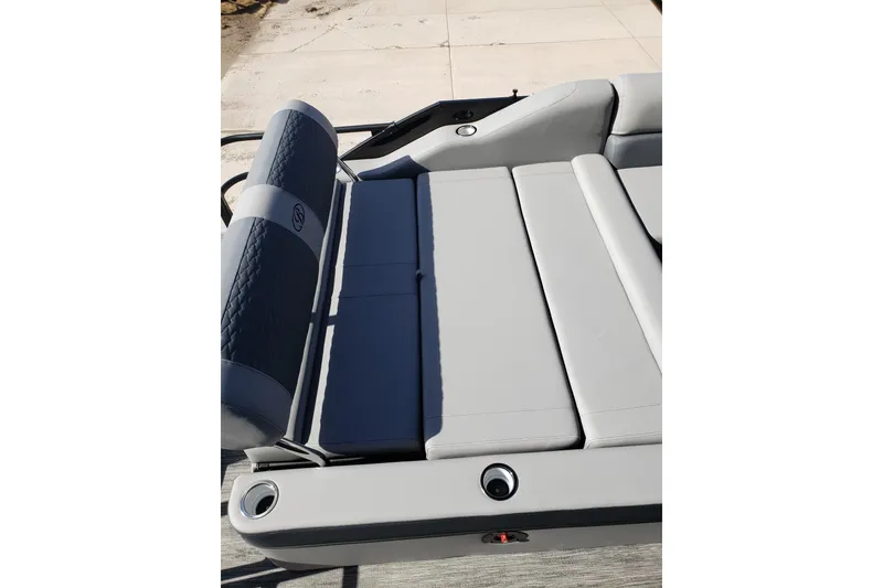 Slide: The Image of 2026 Bentley Pontoons Legacy 243 Navigator seating area in gray leather. - 20