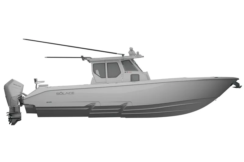 Slide: The Image of Manufacturer Provided Image: 2026 Solace 37 PILOT boat, side view, sleek design, outboard motor, modern features. - 5