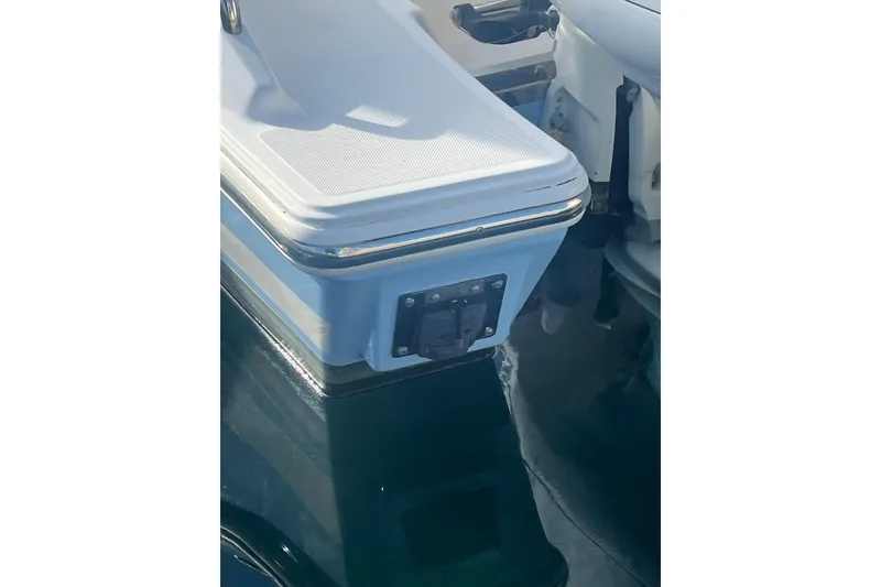 Slide: The Image of 2019 Pursuit S 368 Sport boat detail, featuring a sleek white and blue design. - 31