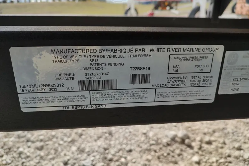 Slide: The Image of Label on Sun Tracker Party Barge 18 DLX trailer, manufactured by White River Marine Group. - 3