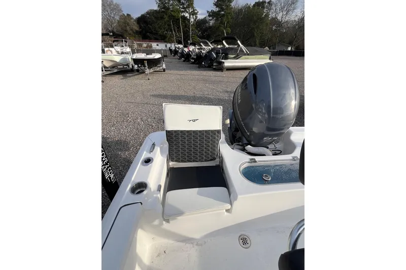 Slide: The Image of 2026 Tidewater 1910 Bay Max boat with seating and motor, displayed outdoors. - 3