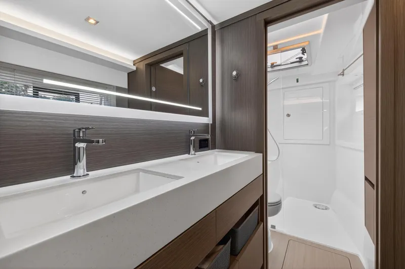 Slide: The Image of Luxurious bathroom interior of 2024 Leopard 46 Powercat yacht, featuring modern fixtures and sleek design. - 43