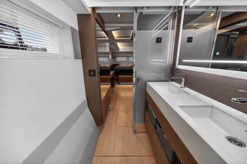 Slide: The Image of Luxurious interior of 2024 Leopard 46 Powercat with modern bathroom and sleek design. - 45