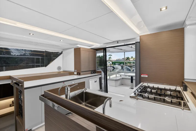 Slide: The Image of Modern kitchen interior of 2024 Leopard 46 Powercat yacht with sleek design and outdoor view. - 73