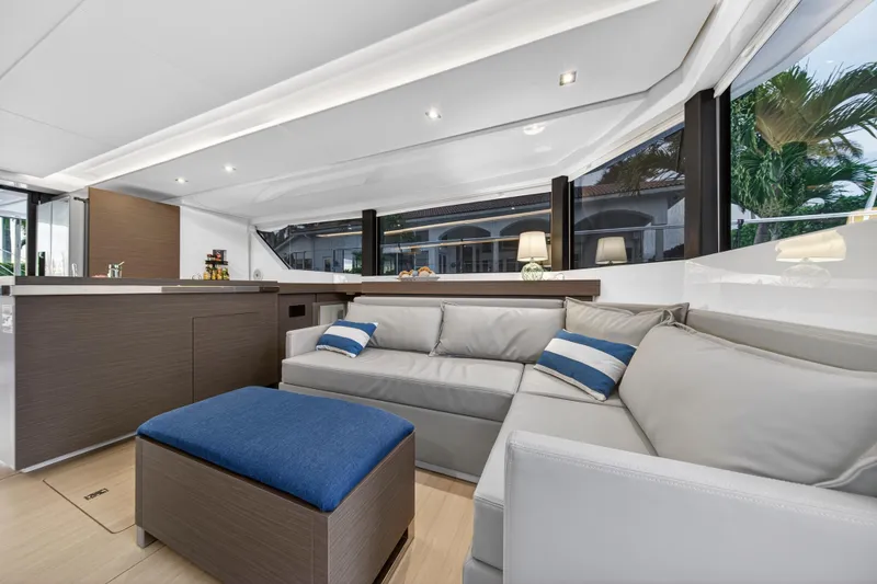 Slide: The Image of Luxurious interior of 2024 Leopard 46 Powercat yacht with modern seating and elegant decor. - 80