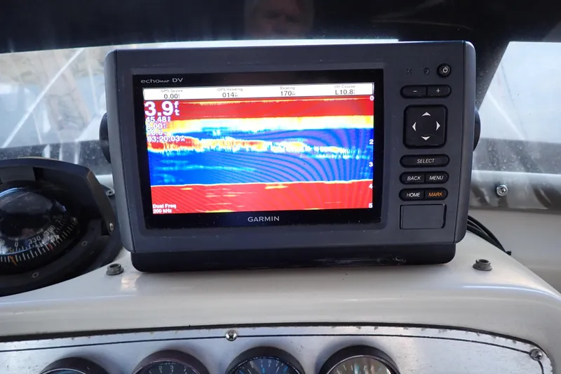 Slide: The Image of Garmin echomap DV on 1988 Mainship boat displaying sonar data and navigation information. - 28