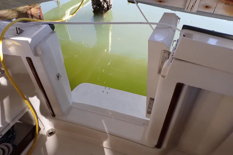 Slide: The Image of 1988 Mainship boat with open hatch, overlooking green water and dock. - 35