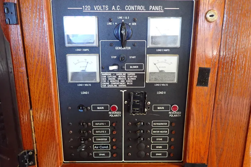 Slide: The Image of 1988 Mainship 120V AC control panel with gauges and switches on wooden background. - 53