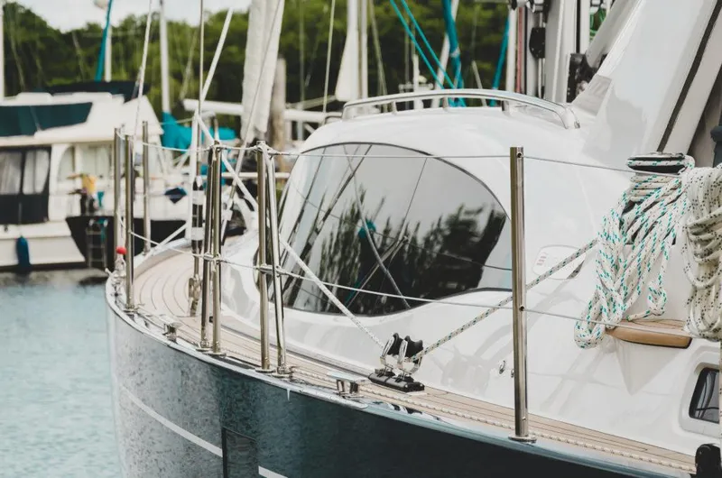 Slide: The Image of Modern Southerly 480 yacht docked in marina, showcasing sleek design and polished finish, 2025 model. - 10