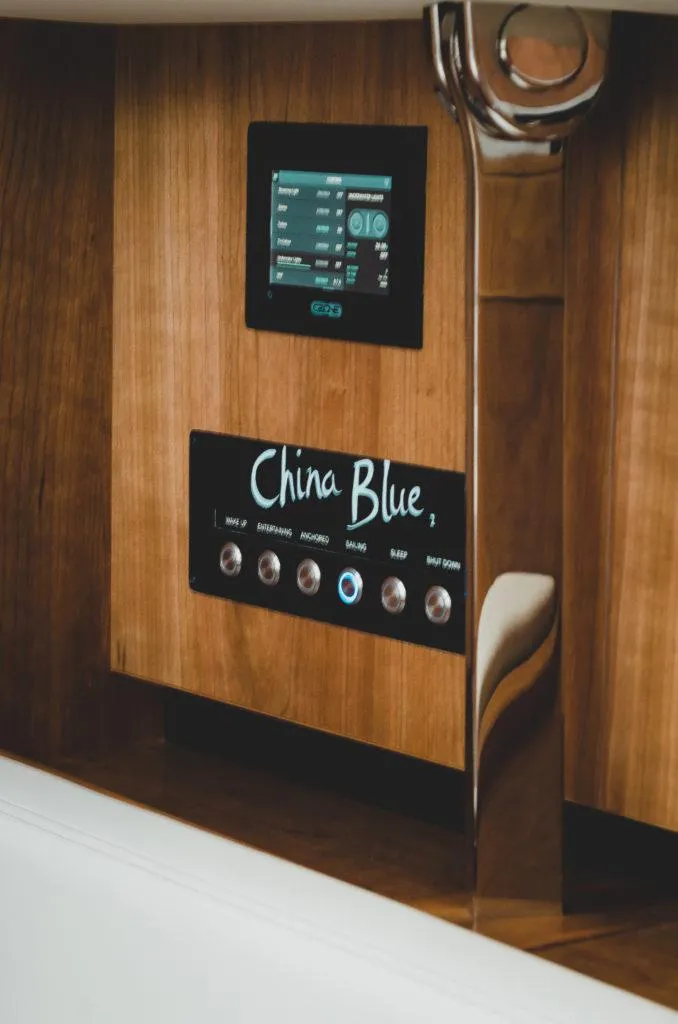 Slide: The Image of Control panel of 2025 Southerly 480 yacht, featuring "China Blue" display and touchscreen interface. - 21