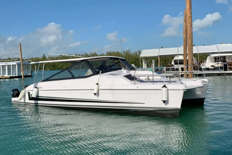 The Image of 2019 Gemini Freestyle 399 Power boat docked in clear blue water. - 1