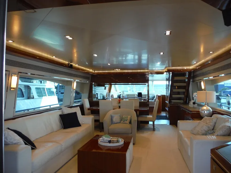 Slide: The Image of Luxurious bathroom interior on 2015 Horizon E88 yacht, featuring modern fixtures and glass shower. - 21
