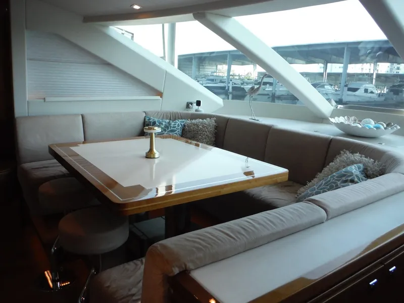 Slide: The Image of Aft view from 2015 Horizon E88 yacht cruising on clear blue ocean waters. - 27