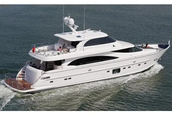Slide: The Image of Luxury Horizon E88 yacht docked under a covered marina, 2015 model. - 5