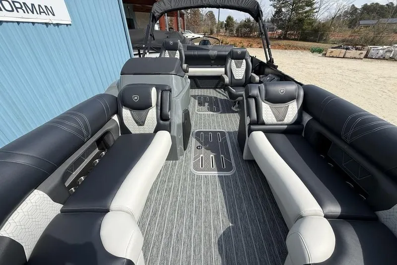 Slide: The Image of Luxurious interior of 2026 Premier 230 Intrigue RF pontoon boat with stylish seating. - 39