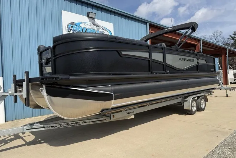 Slide: The Image of 2026 Premier 230 Intrigue RF pontoon boat on trailer at Foothills Marine dealership. - 5