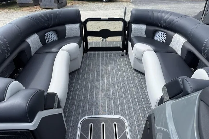 Slide: The Image of Luxurious seating area of 2026 Premier 230 Intrigue RF pontoon boat. - 9