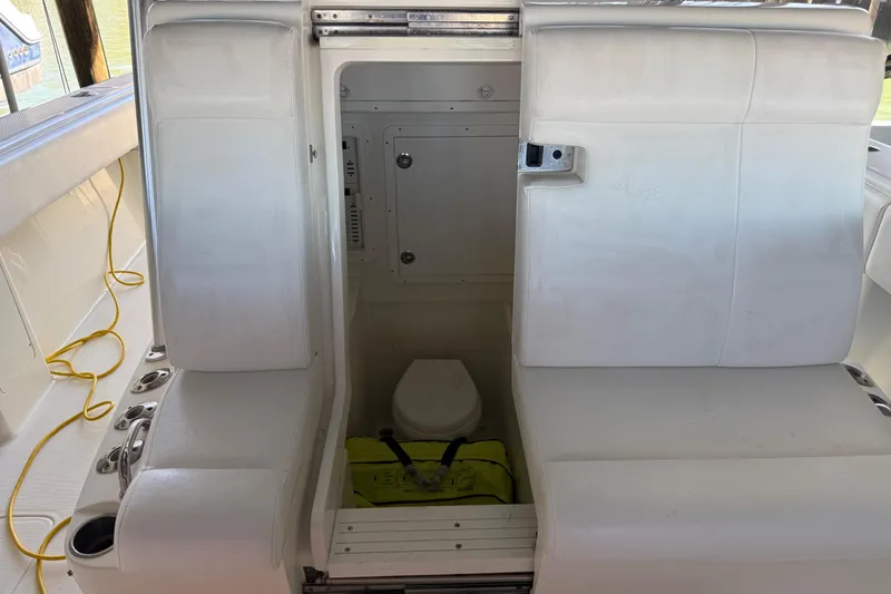 Slide: The Image of 2016 SeaVee 370Z boat interior with hidden toilet compartment. - 18