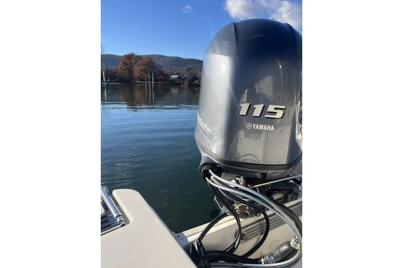 Slide: The Image of 2016 Stingray 191 DC boat with Yamaha 115 outboard motor on a calm lake. - 13