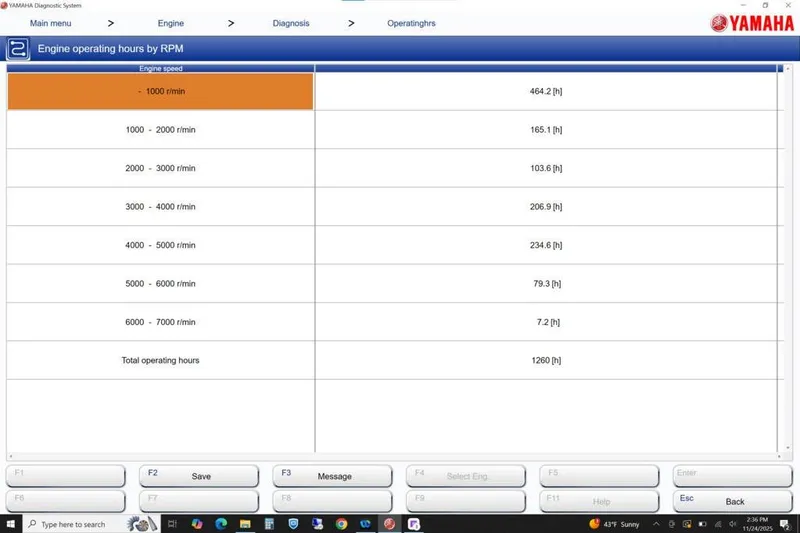 Slide: The Image of Yamaha diagnostic system displaying engine operating hours by RPM for Stingray 191 DC, 2016 model. - 8