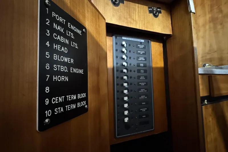Slide: The Image of Electrical panel of a 1974 Bertram 31 Flybridge Cruiser, featuring labeled switches and controls. - 31