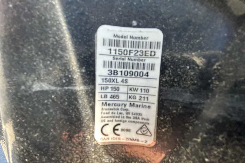 Slide: The Image of Label on a 2020 Clearwater 2000 Center Console boat engine, showing model and serial numbers. - 100