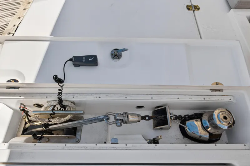 Slide: The Image of Anchor system of a 2021 Leopard 50 yacht, featuring a winch and remote control. - 105