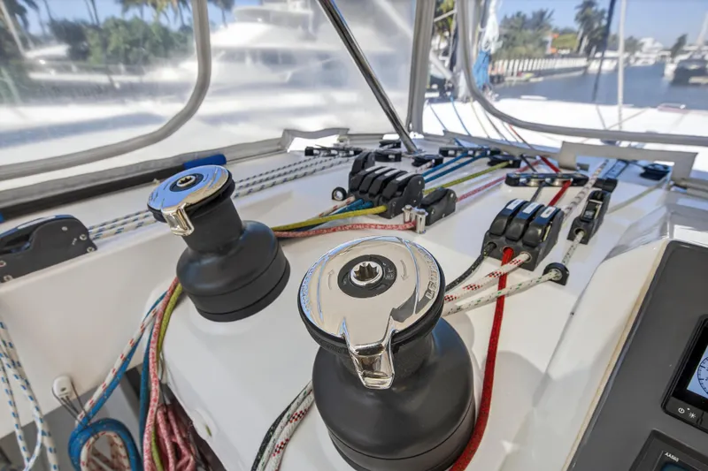 Slide: The Image of Control panel of a 2021 Leopard 50 yacht with winches and colorful ropes. - 38