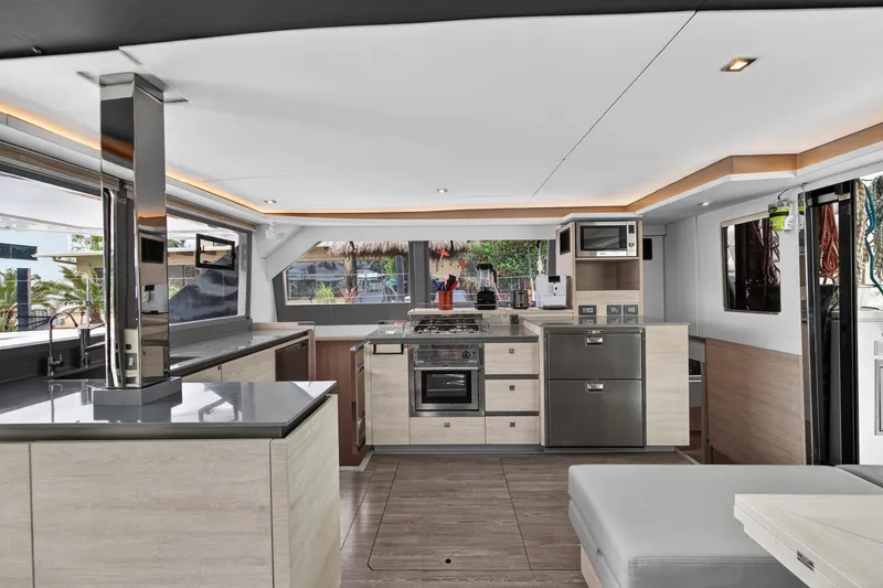 Slide: The Image of Modern kitchen interior on 2021 Leopard 50 yacht, featuring sleek design and appliances. - 51