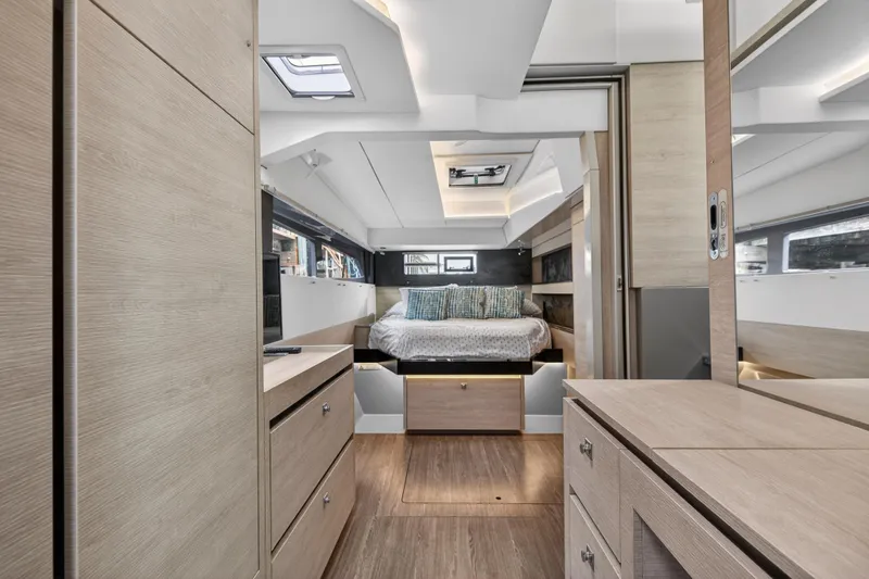 Slide: The Image of Luxurious interior of 2021 Leopard 50 yacht featuring modern bedroom design. - 67