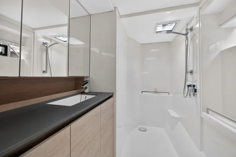 Slide: The Image of Modern bathroom interior on 2021 Leopard 50 yacht, featuring sleek design and fixtures. - 69