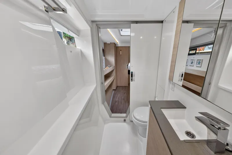 Slide: The Image of Modern bathroom interior on 2021 Leopard 50 yacht, featuring sleek design and fixtures. - 74