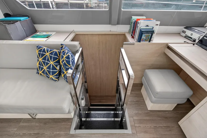 Slide: The Image of Luxurious interior of 2022 Leopard 50 yacht with modern seating and skylight. - 75