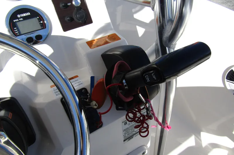 Slide: The Image of 2019 Robalo R202 Explorer boat dashboard with Yamaha controls and steering wheel. - 21