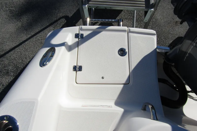 Slide: The Image of 2019 Robalo R202 Explorer boat deck with storage compartment and ladder. - 27