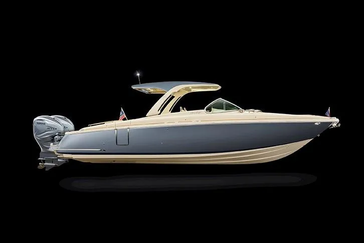 Slide: The Image of Manufacturer Provided Image: 2025 Chris-Craft Launch 35 GT boat, sleek design, side view, black background. - 10