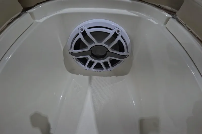 Slide: The Image of 2026 Bulls Bay 255 Center Console boat speaker in a sleek, white interior. - 15
