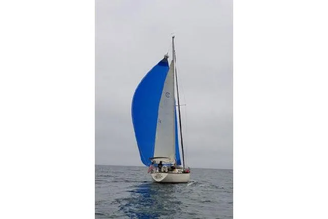 Slide: The Image of 1980 CAL 39 sailboat with blue and white sails on open water. - 24