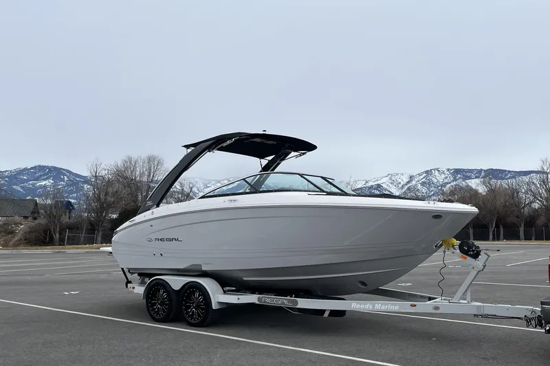 The Image of 2025 Regal LS4 boat on trailer with mountain backdrop. - 0