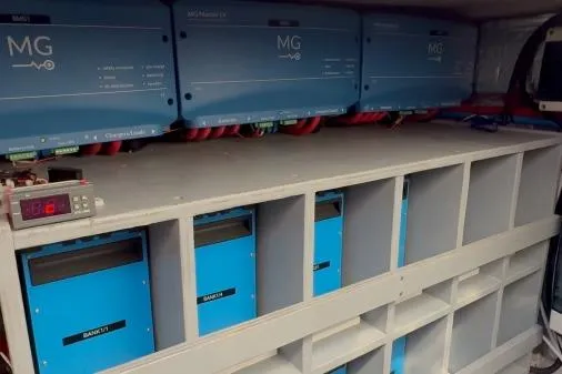 Slide: The Image of Electrical system setup in a Bali 5.4 model, 2021, featuring MG inverters and battery units. - 35