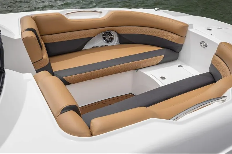 Slide: The Image of Manufacturer Provided Image: 2026 Hurricane SunDeck 2690 OB boat interior with tan and gray seating. - 6
