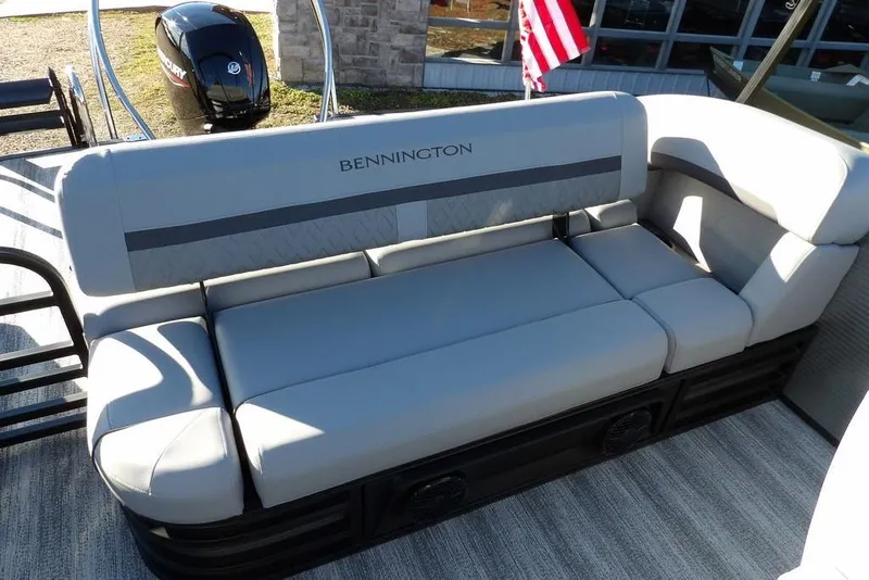 Slide: The Image of 2026 Bennington M Swingback 22 MSB boat seating with gray upholstery and sleek design. - 34