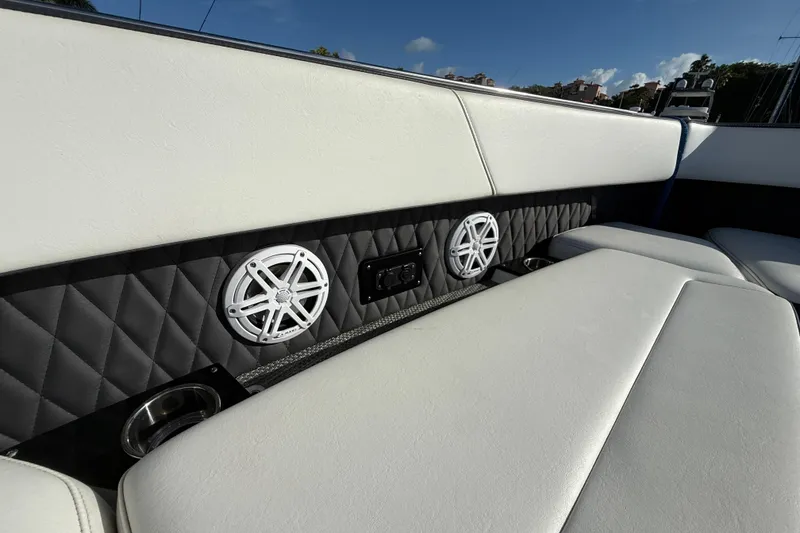 Slide: The Image of Luxurious interior of 2022 Monterey 385SS Super Sport boat with premium speakers and seating. - 19