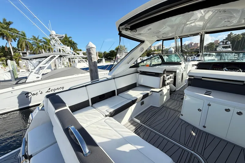 Slide: The Image of 2022 Monterey 385SS Super Sport boat interior with sleek seating and modern design. - 5