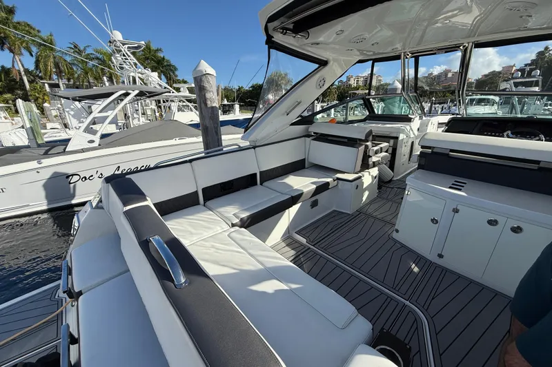 Slide: The Image of Luxurious interior of a 2022 Monterey 385SS Super Sport boat at a marina. - 6